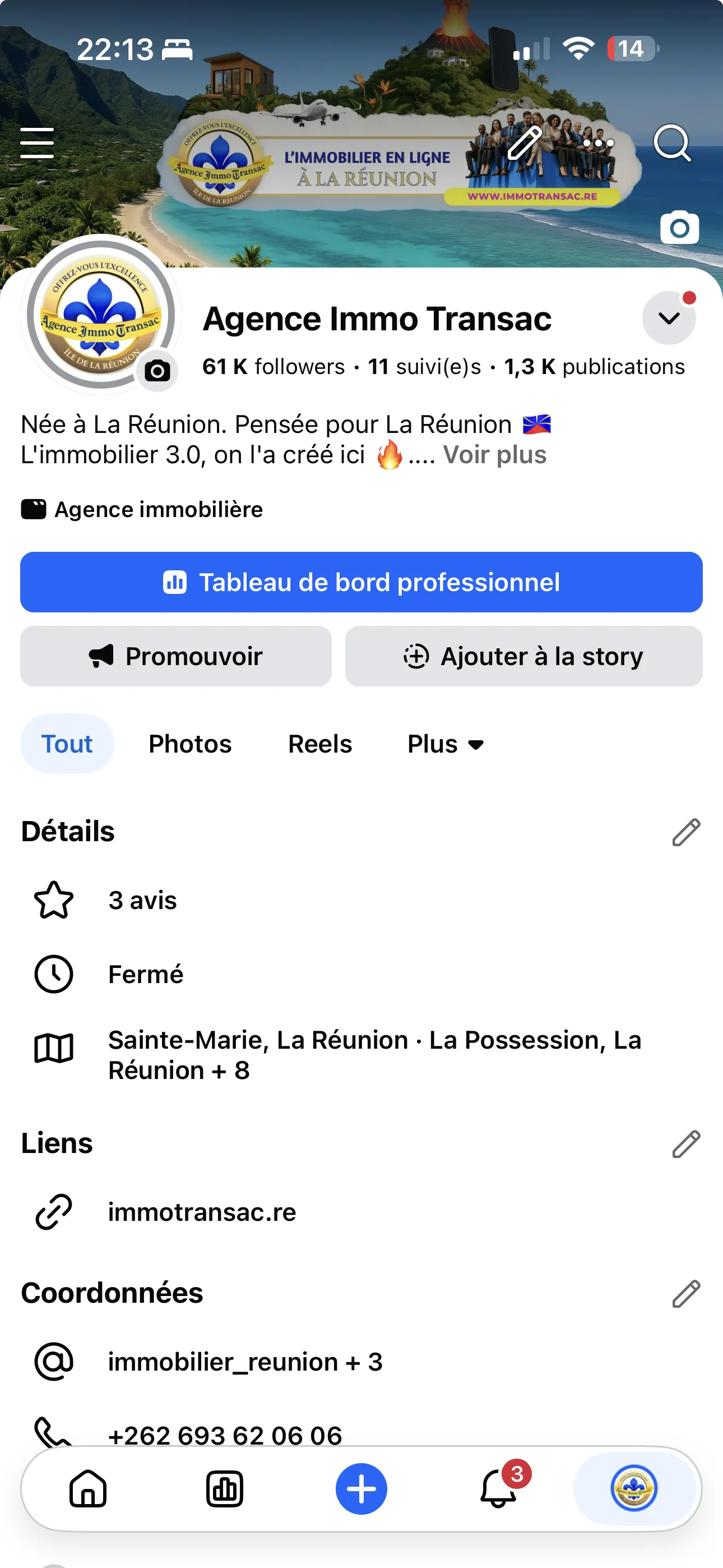Preuve Facebook : 61 000 abonnés - Agence Immo Transac Réunion - Capture d'écran avril 2026