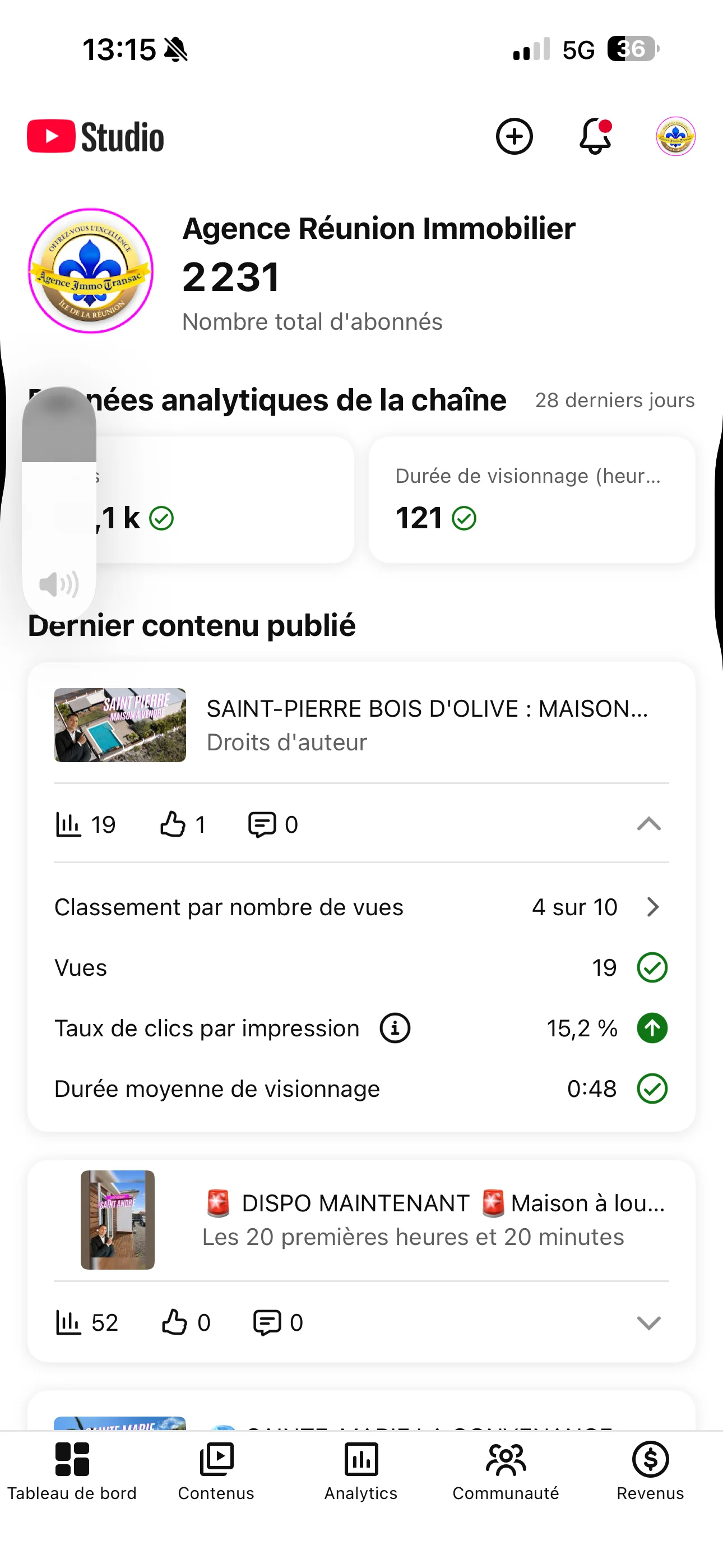 Preuve YouTube : 2 230 abonnés - Agence Immo Transac Réunion - Capture d'écran avril 2026